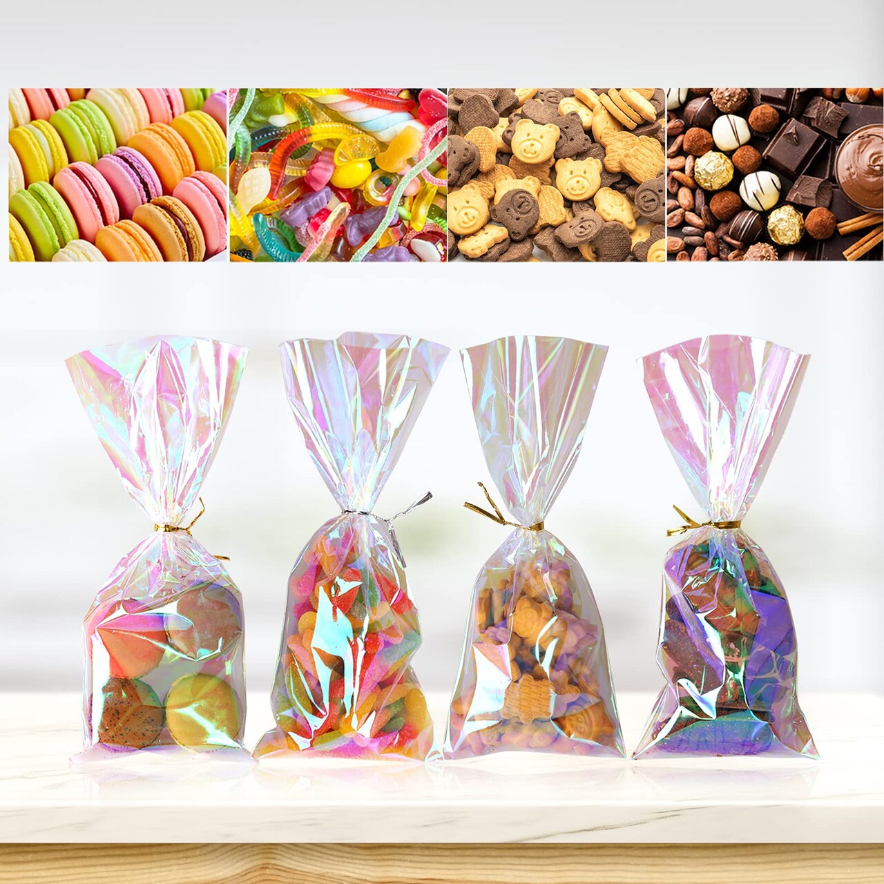 100 Pieces Cellophane Treat Bags,Iridescent Holographic Goodie Bags, Clear Cello Bags with Twist Ties for Birthday Party Favors, Valentines, Easter, Weddings